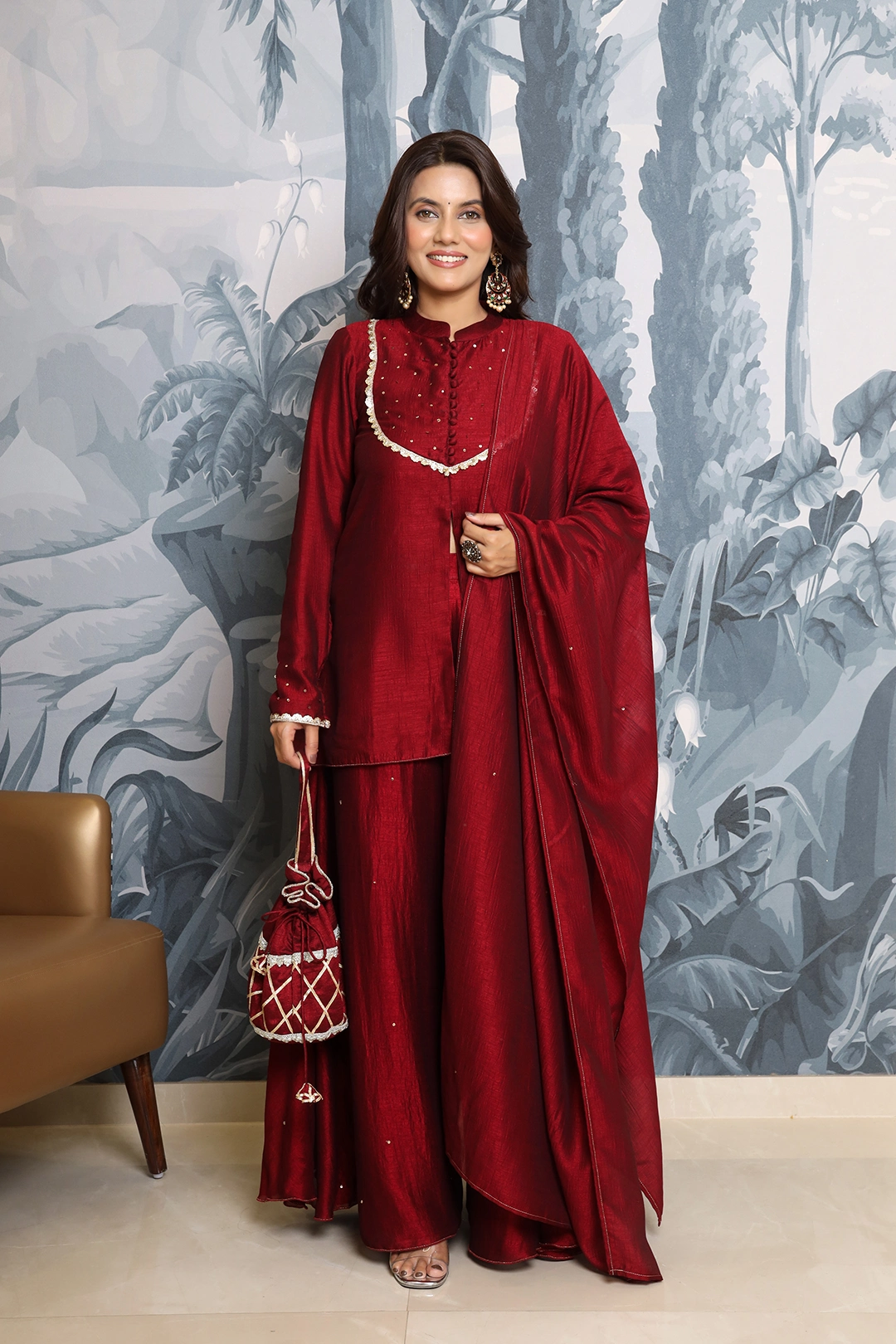 VGlame - Maroon Jhilmil Plazo Set for Women | 3 Piece Kurti Plazo Dupatta with Sequin Work